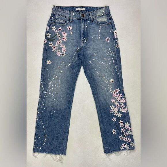Fidelity Cherry Blossom Straight Cropped Denim Jeans Women Size 25 Blue - Picture 1 of 13